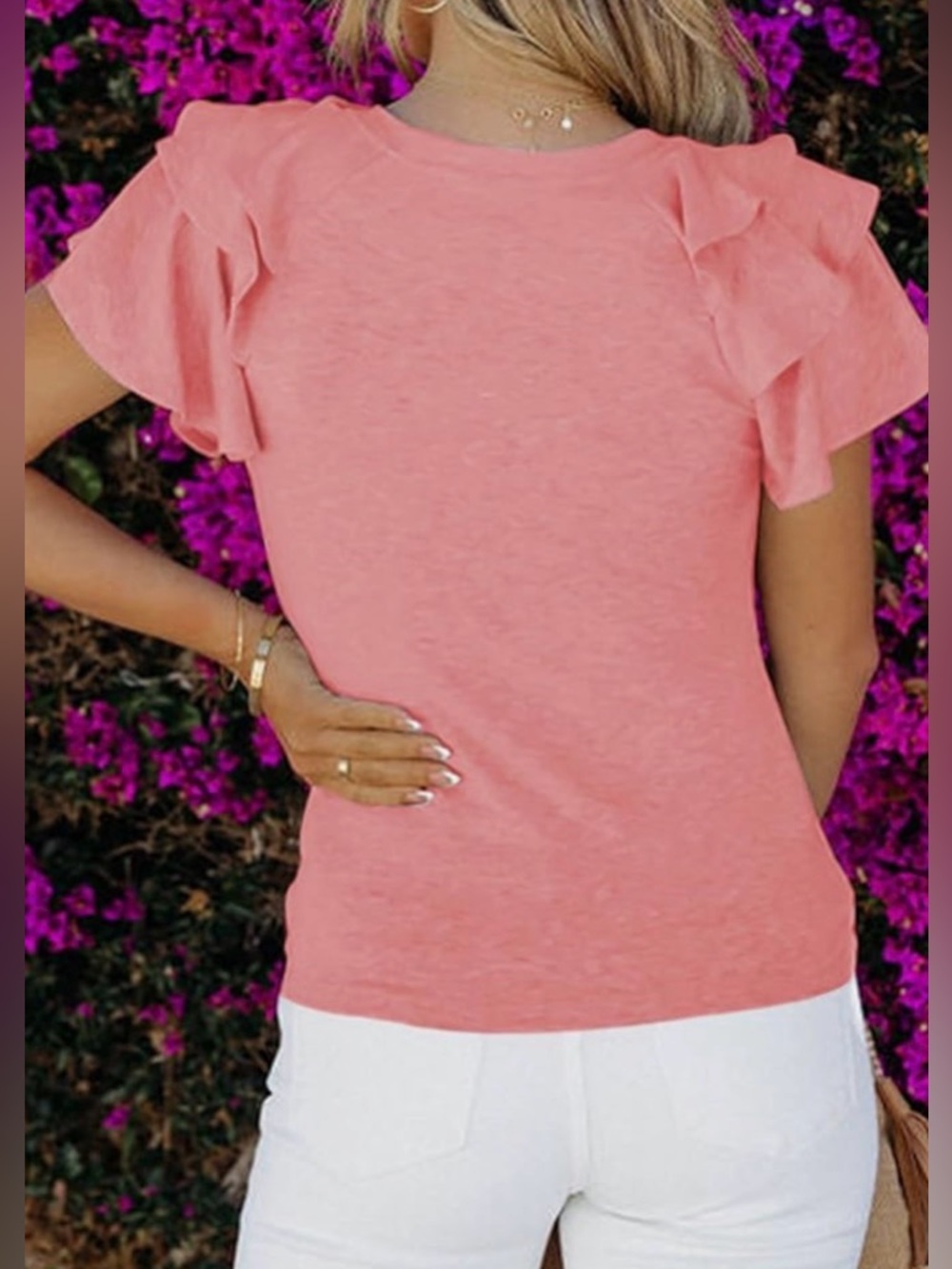 Coral Pink Ruffle Sleeve Tee, Size XL - Picture 2 of 7